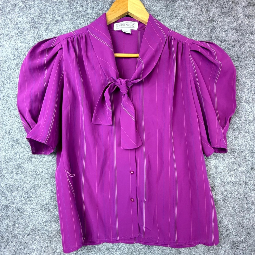 Vintage Charlee Allison For Eljay Secretary Blouse Women 7/8 Purple Tie Neck 80s